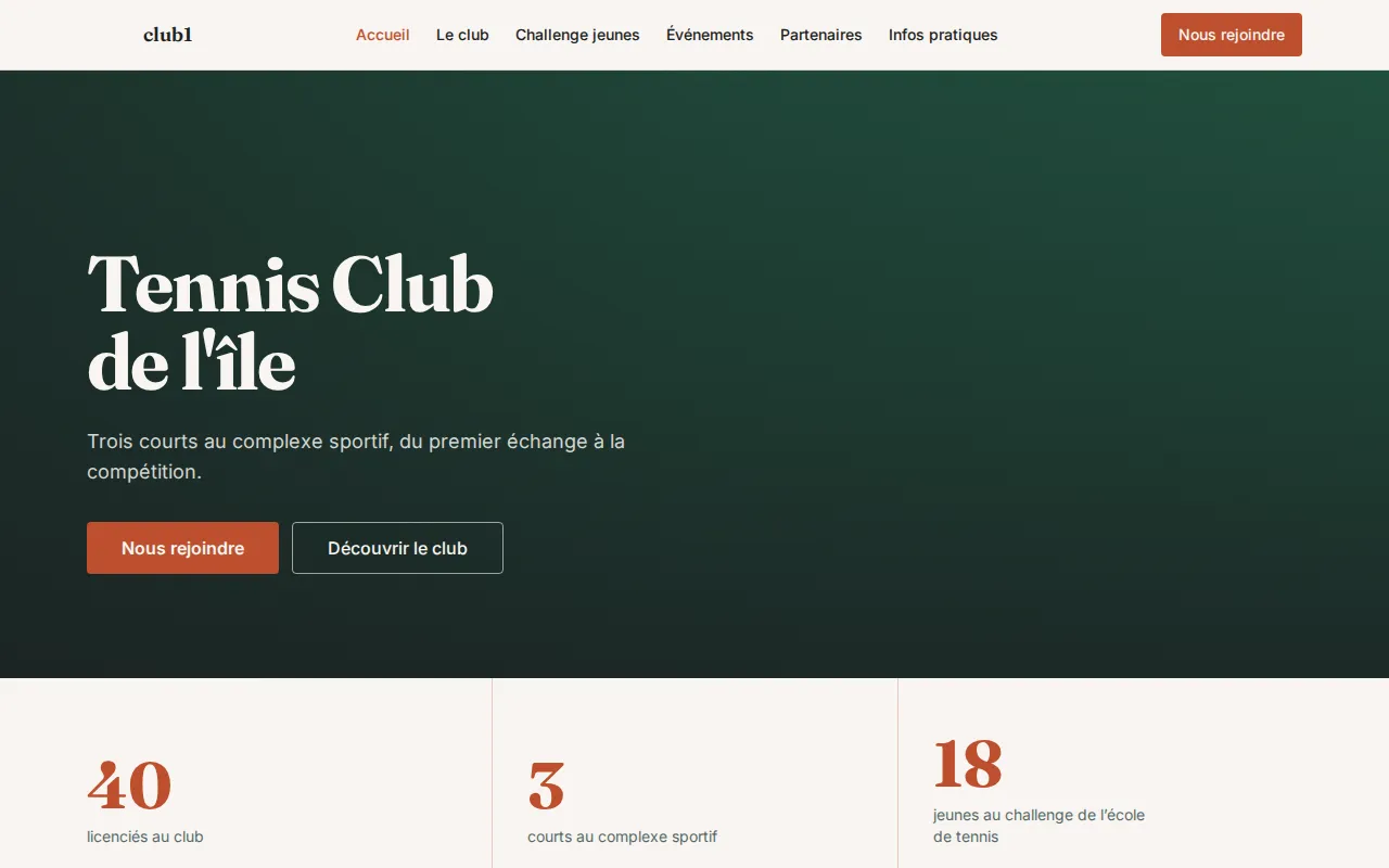 Page d'accueil du site vitrine du club de tennis