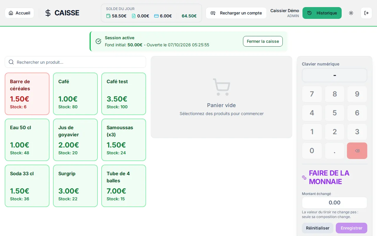 Écran d'encaissement de la caisse du club, avec données de démonstration