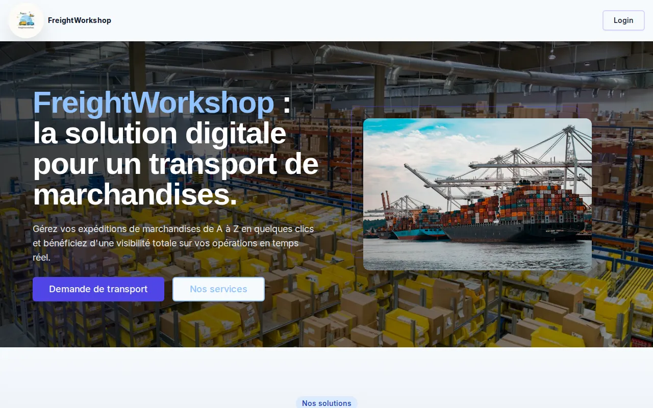 Page d'accueil de freightworkshop.re avec l'appel à demander un transport