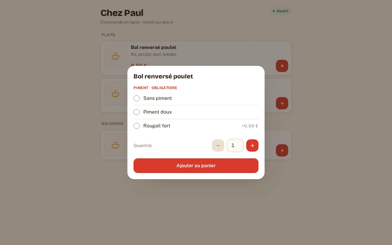 Choix des options d'un plat avant l'ajout au panier